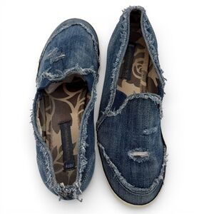 BCBG Max Azaria Artfully Distressed Denim Grunge Slip-On Shoes 10 Early 2000's